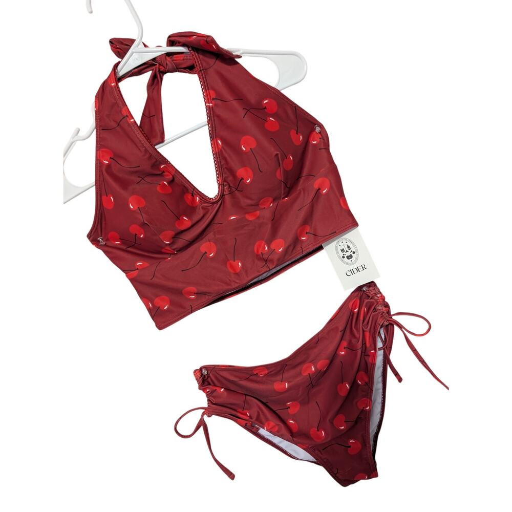 NWT! CIDER! ADORABLE DEEP RED W/CHERRIES HALTER STYLE TWO PIECE SWIMSUIT! SZ 0XL
